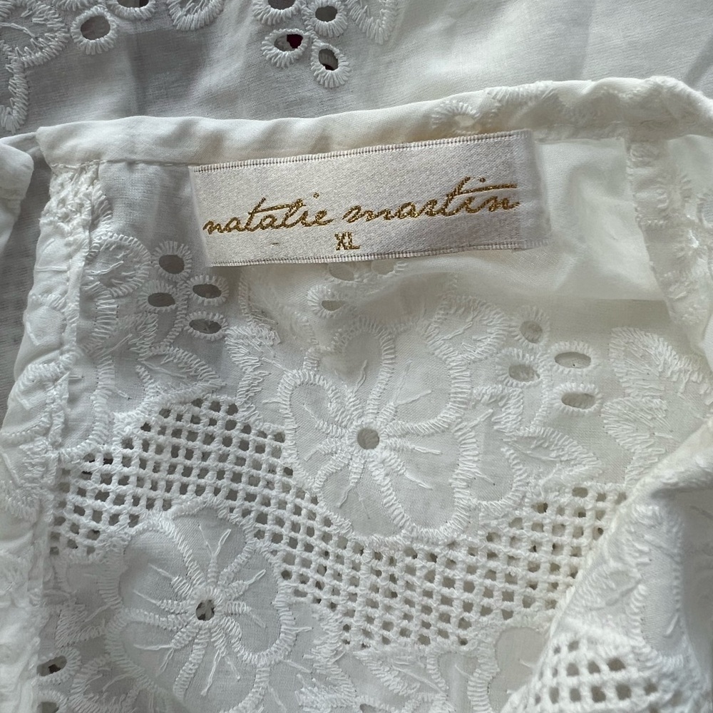 Natalie Martin Lisa Cotton White Eyelet 3/4 Balloon Sleeves Crew Neck Dress, XL - Picture 9 of 12